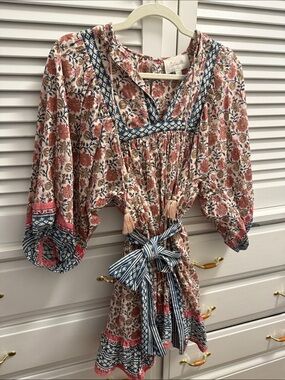 Cleobella Floral Tie-Waist Dress in Cream, Coral & Navy